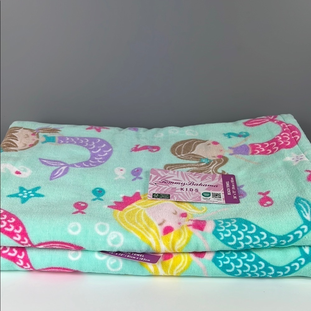 Tommy Bahama Kids Mermaid Beach Towels Aqua and Pink 100% Cotton 2 pc NEW